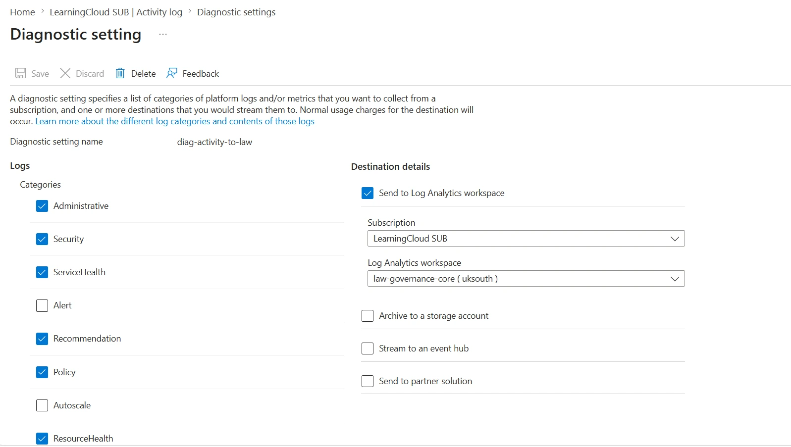 Activity log diagnostic settings