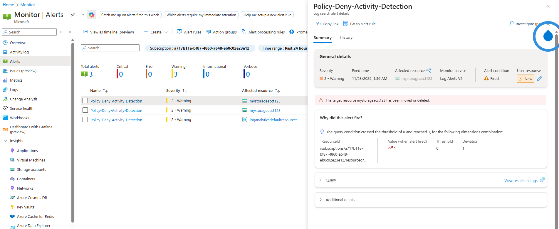 Azure Monitor alert blade showing policy deny detection