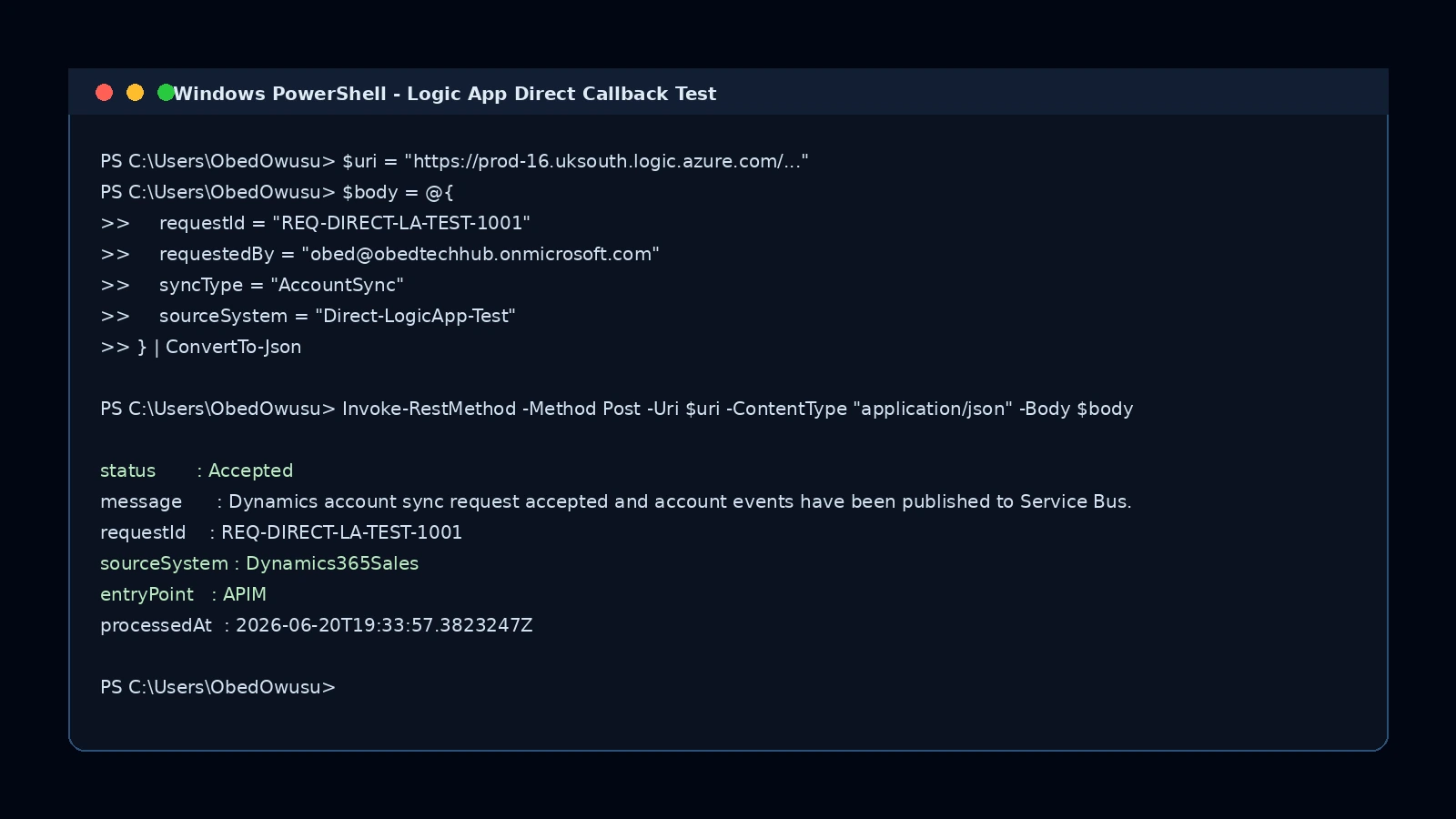 PowerShell direct Logic App test accepted