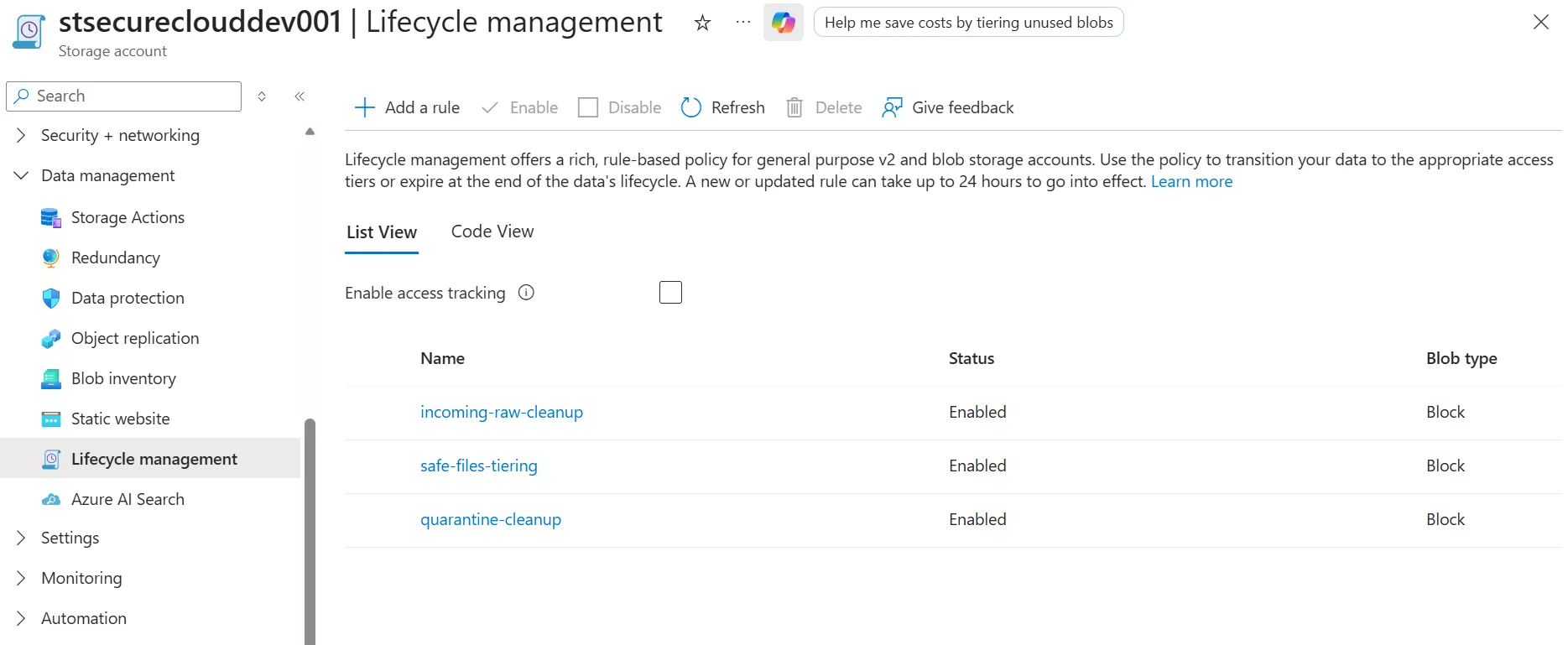 Storage lifecycle policy