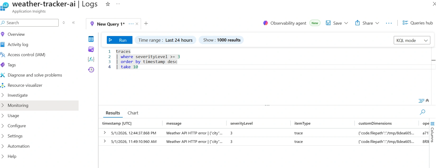 Weather API error traces